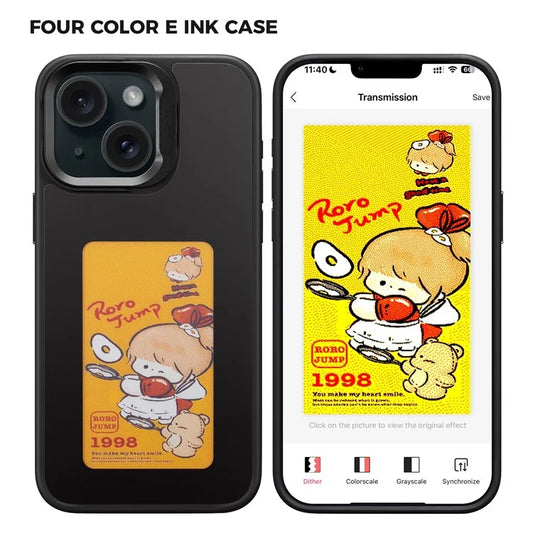 INKZONE For iPhone 13 / 14 Four-Color E Ink Phone Case NFC DIY Pattern Cover with Kickstand
