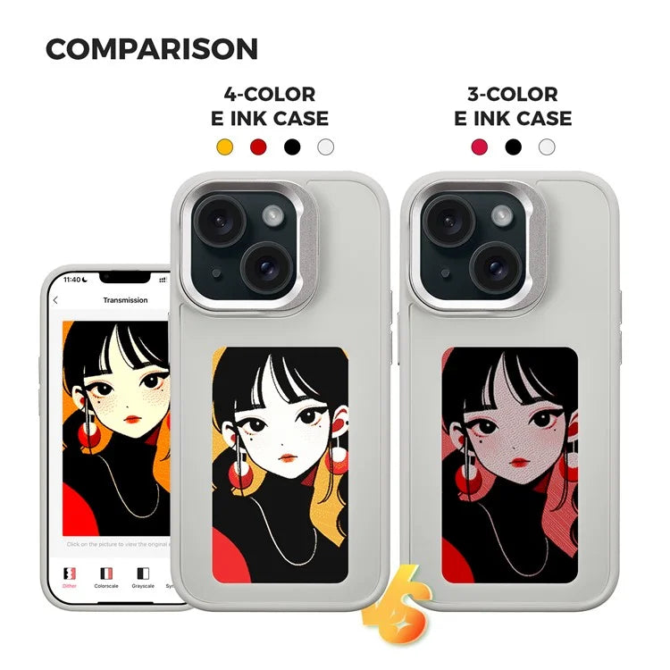 INKZONE For iPhone 13 / 14 Four-Color E Ink Phone Case NFC DIY Pattern Cover with Kickstand