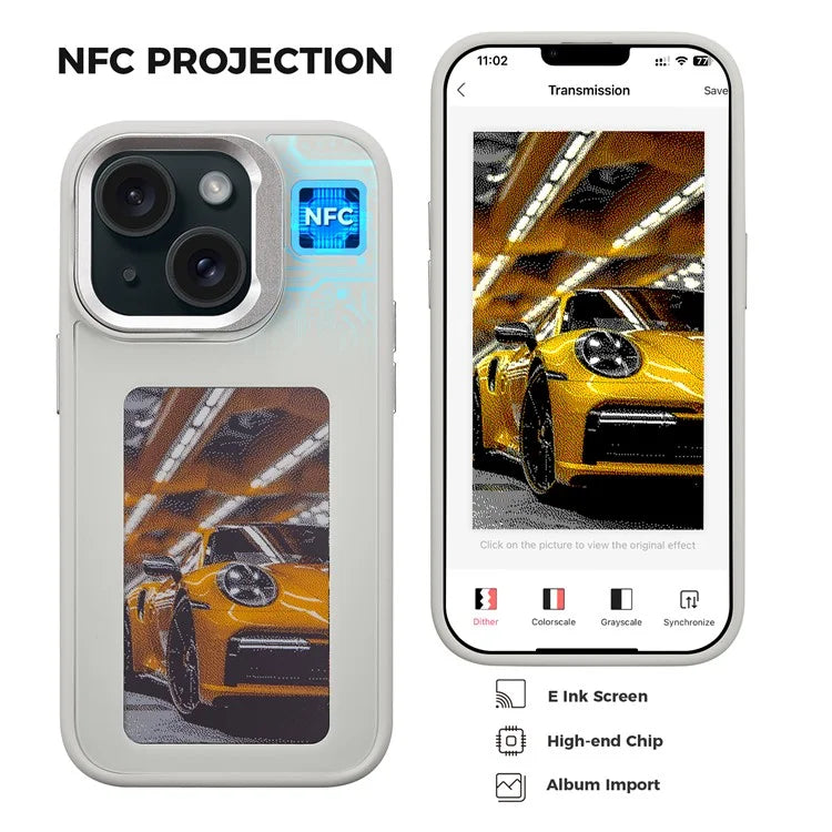 INKZONE For iPhone 13 / 14 Four-Color E Ink Phone Case NFC DIY Pattern Cover with Kickstand