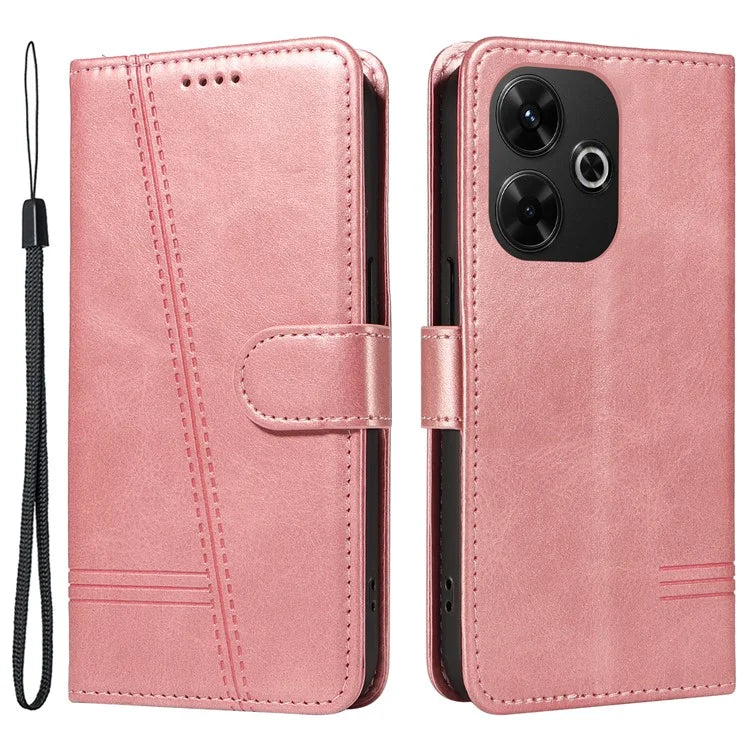 For Xiaomi Redmi 13 5G / 13 4G Anti-Scratch Phone Case Imprinted Line PU Leather Cover Wallet with Wrist Strap