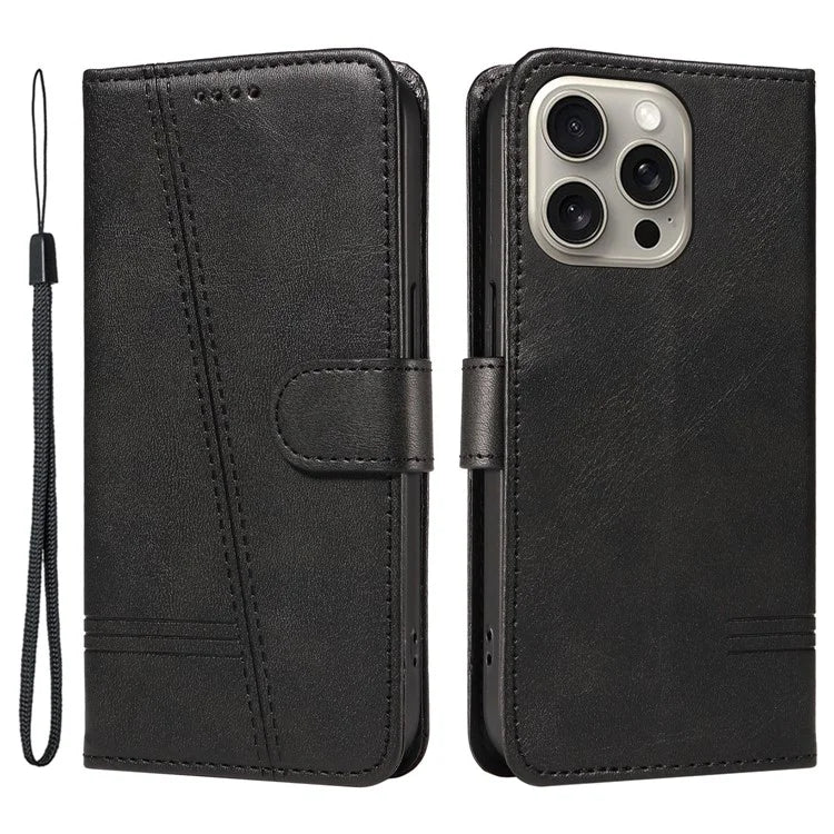 For iPhone 15 Pro Max Case T-Shape Lines Leather Phone Cover with Wallet Stand
