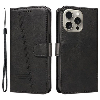 For iPhone 15 Pro Max Case T-Shape Lines Leather Phone Cover with Wallet Stand