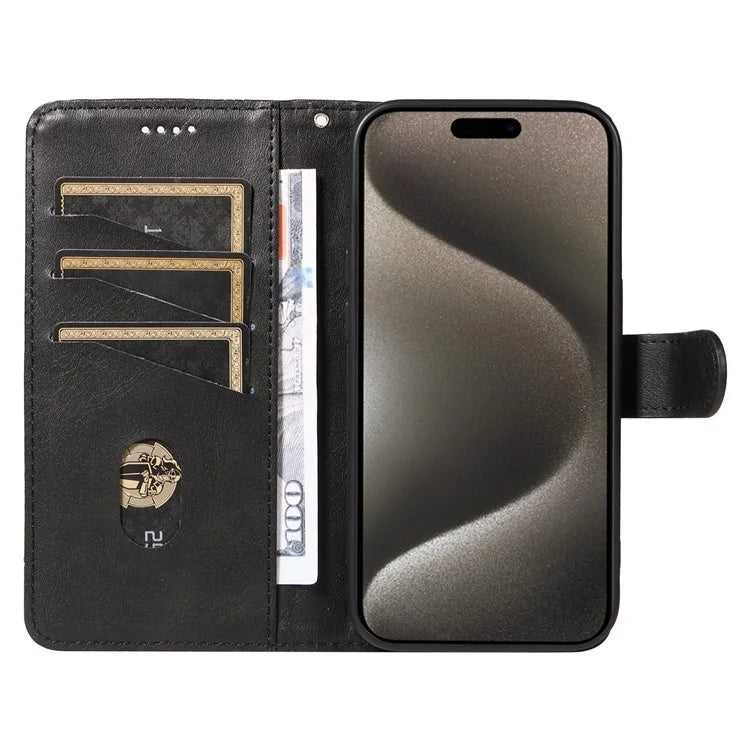 For iPhone 15 Pro Max Case T-Shape Lines Leather Phone Cover with Wallet Stand