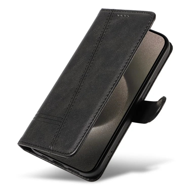 For iPhone 15 Pro Max Case T-Shape Lines Leather Phone Cover with Wallet Stand