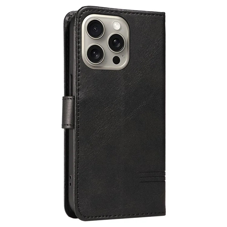For iPhone 15 Pro Max Case T-Shape Lines Leather Phone Cover with Wallet Stand