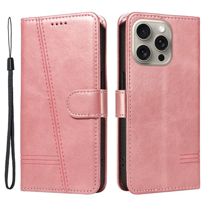 For iPhone 15 Pro Max Case T-Shape Lines Leather Phone Cover with Wallet Stand