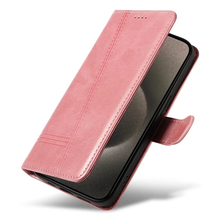 For iPhone 15 Pro Max Case T-Shape Lines Leather Phone Cover with Wallet Stand