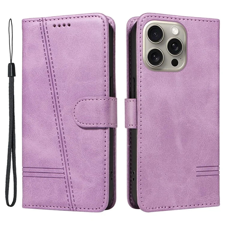 For iPhone 15 Pro Max Case T-Shape Lines Leather Phone Cover with Wallet Stand