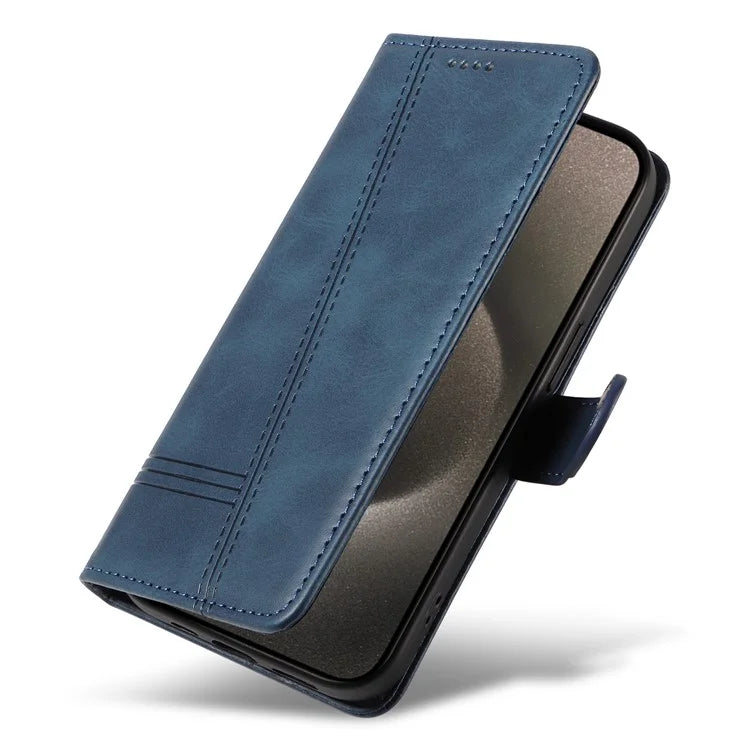For iPhone 15 Pro Max Case T-Shape Lines Leather Phone Cover with Wallet Stand