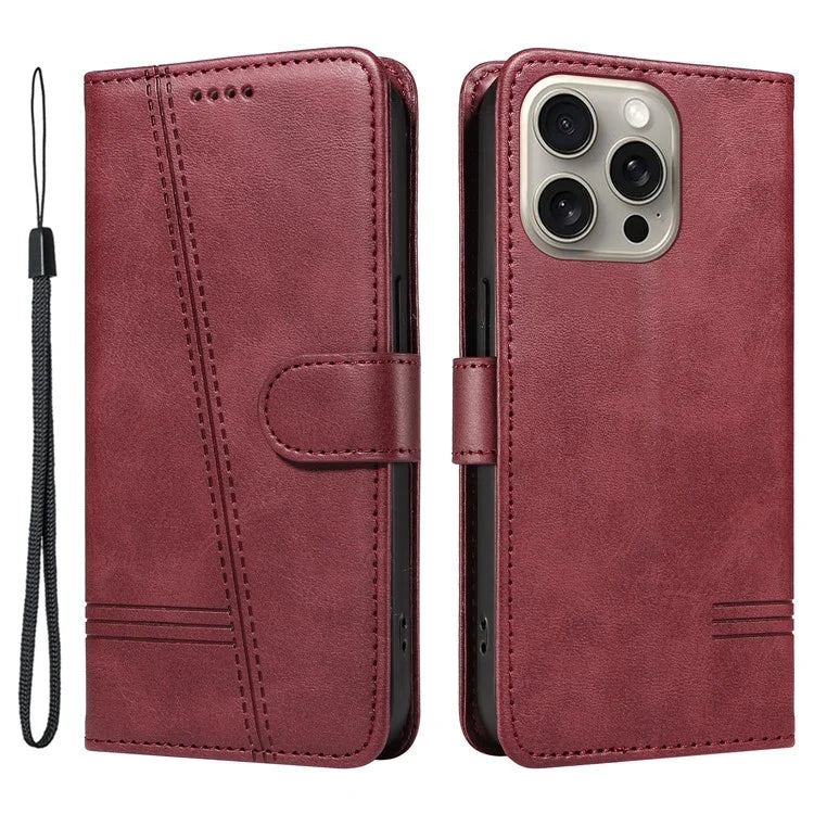 For iPhone 15 Pro Max Case T-Shape Lines Leather Phone Cover with Wallet Stand