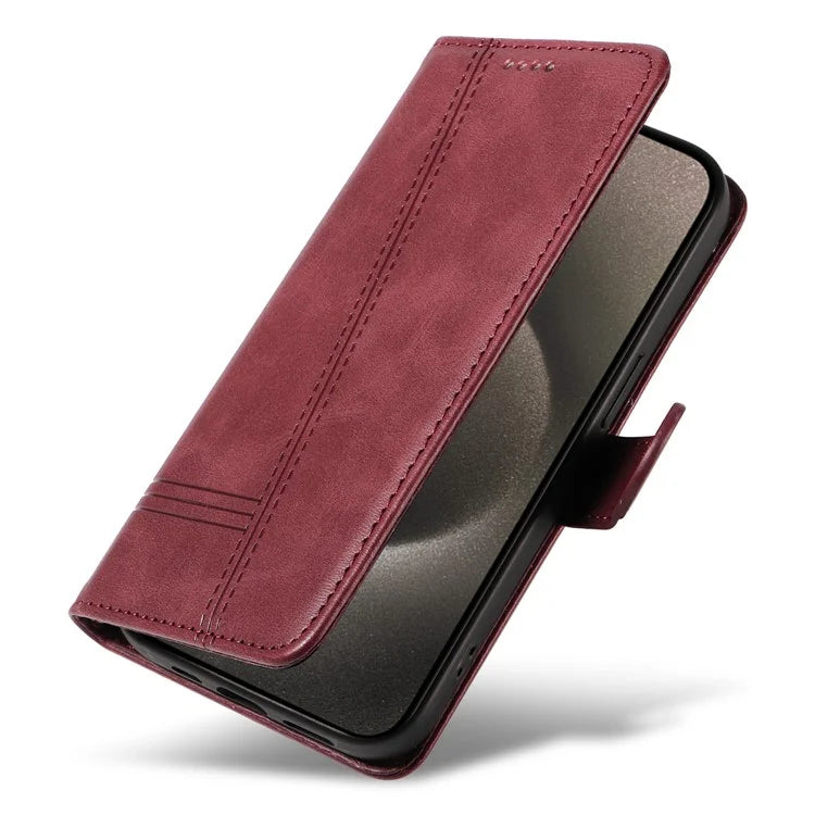 For iPhone 15 Pro Max Case T-Shape Lines Leather Phone Cover with Wallet Stand