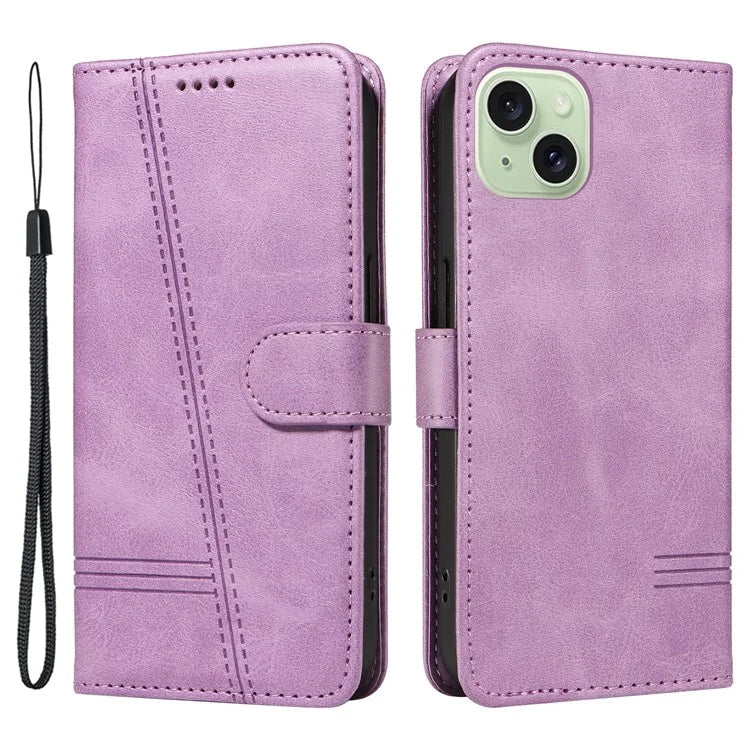For iPhone 15 Case PU Leather Wallet Flip Folio Phone Cover T-Shape Lines