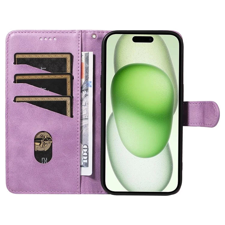 For iPhone 15 Case PU Leather Wallet Flip Folio Phone Cover T-Shape Lines