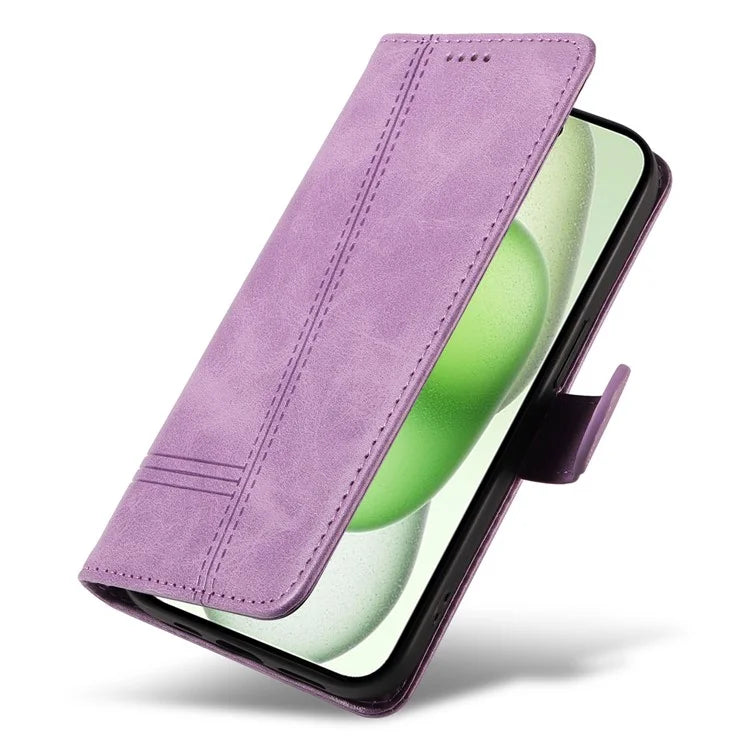 For iPhone 15 Case PU Leather Wallet Flip Folio Phone Cover T-Shape Lines