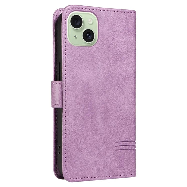For iPhone 15 Case PU Leather Wallet Flip Folio Phone Cover T-Shape Lines