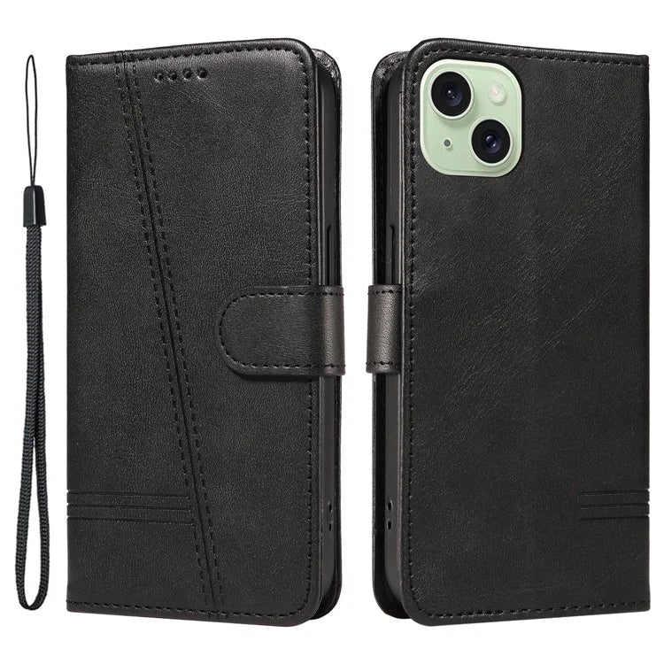 For iPhone 15 Case PU Leather Wallet Flip Folio Phone Cover T-Shape Lines