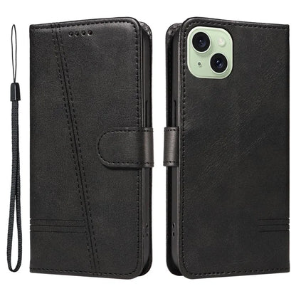 For iPhone 15 Case PU Leather Wallet Flip Folio Phone Cover T-Shape Lines