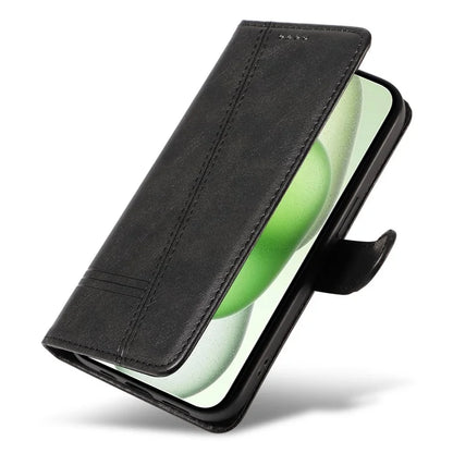 For iPhone 15 Case PU Leather Wallet Flip Folio Phone Cover T-Shape Lines