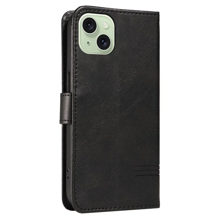 For iPhone 15 Case PU Leather Wallet Flip Folio Phone Cover T-Shape Lines