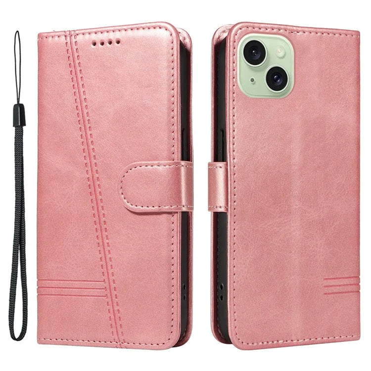 For iPhone 15 Case PU Leather Wallet Flip Folio Phone Cover T-Shape Lines