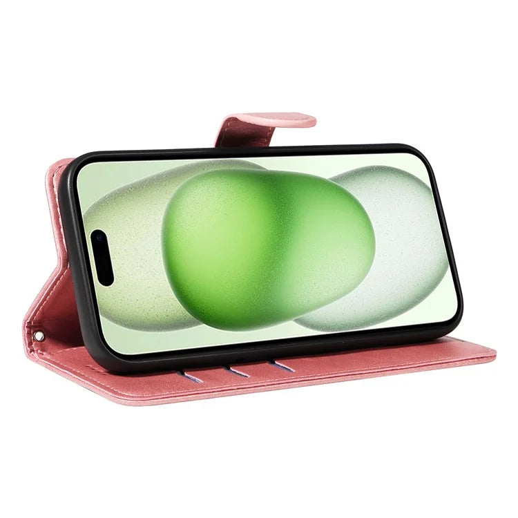 For iPhone 15 Case PU Leather Wallet Flip Folio Phone Cover T-Shape Lines