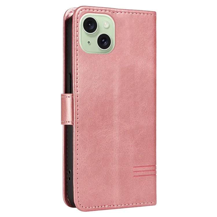 For iPhone 15 Case PU Leather Wallet Flip Folio Phone Cover T-Shape Lines