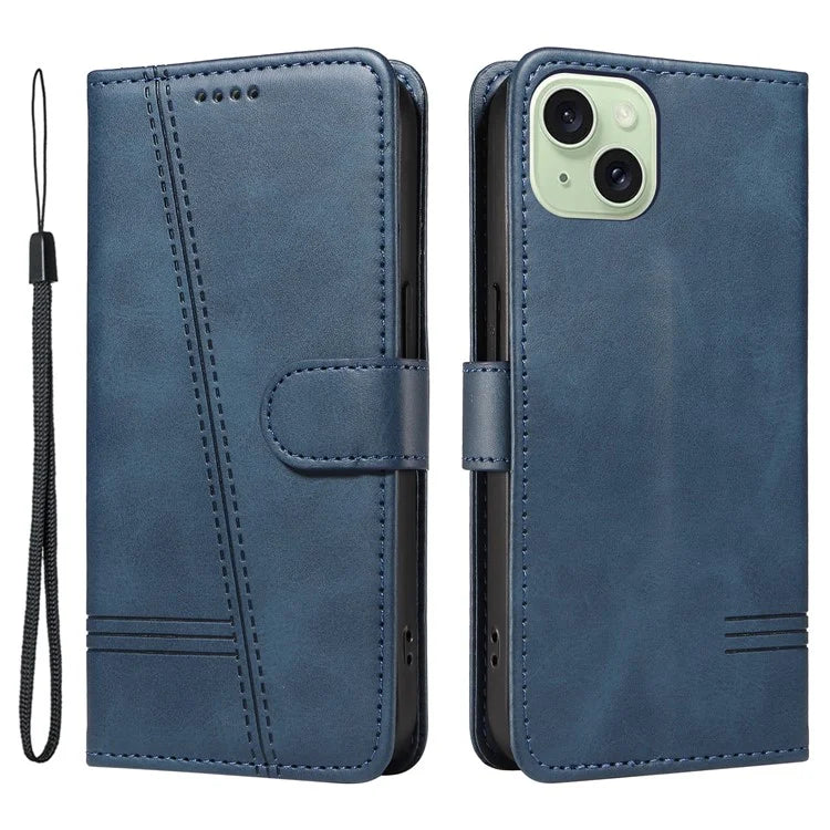 For iPhone 15 Case PU Leather Wallet Flip Folio Phone Cover T-Shape Lines