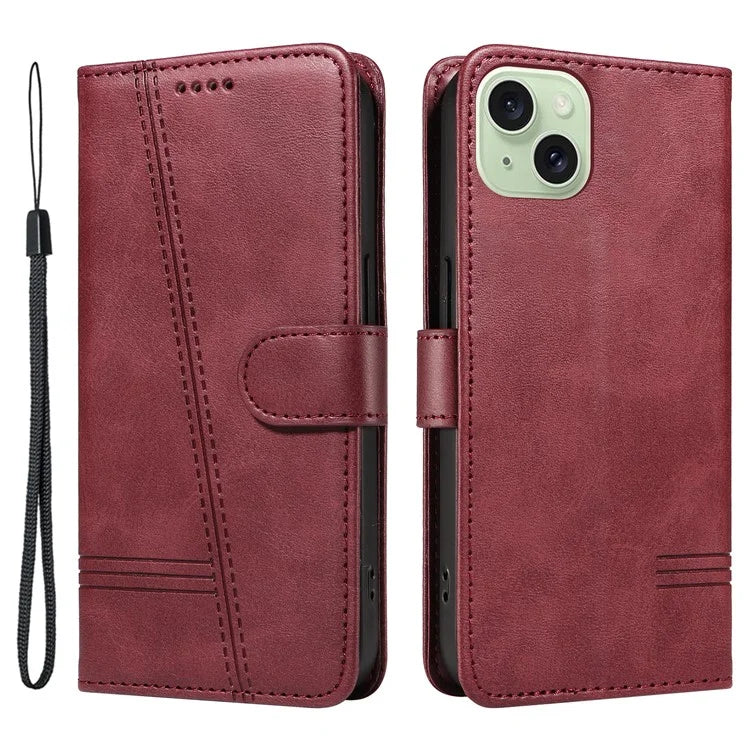 For iPhone 15 Case PU Leather Wallet Flip Folio Phone Cover T-Shape Lines
