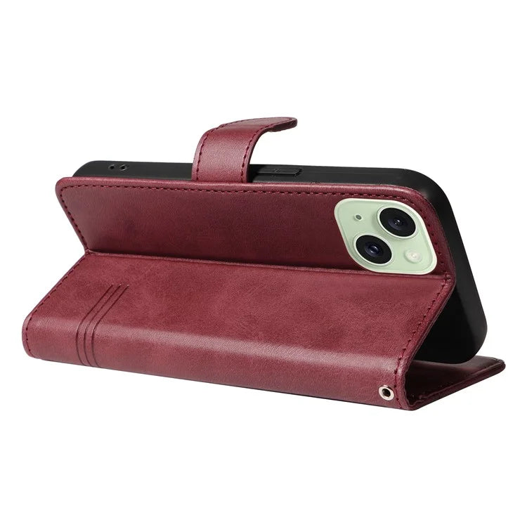 For iPhone 15 Case PU Leather Wallet Flip Folio Phone Cover T-Shape Lines