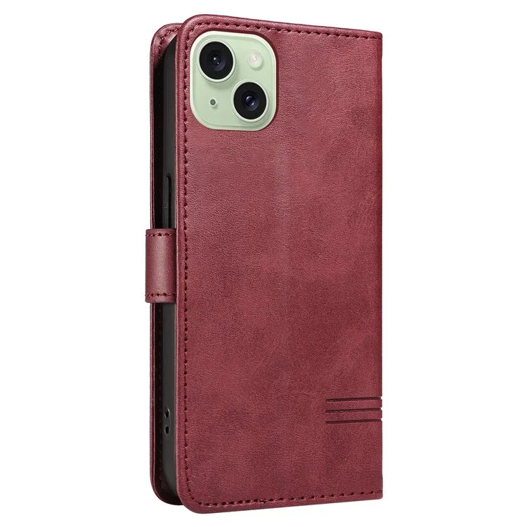 For iPhone 15 Case PU Leather Wallet Flip Folio Phone Cover T-Shape Lines