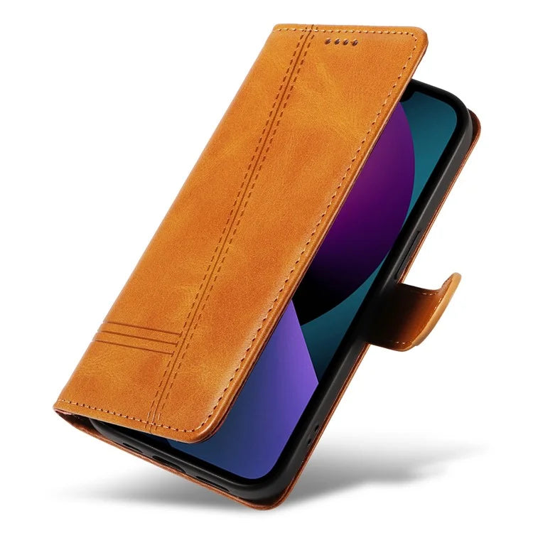 For iPhone 14 Case Lines Imprinted Flip Leather Wallet Phone Cover