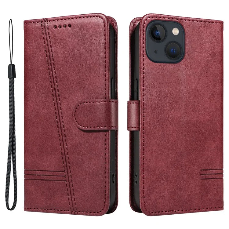For iPhone 14 Case Lines Imprinted Flip Leather Wallet Phone Cover