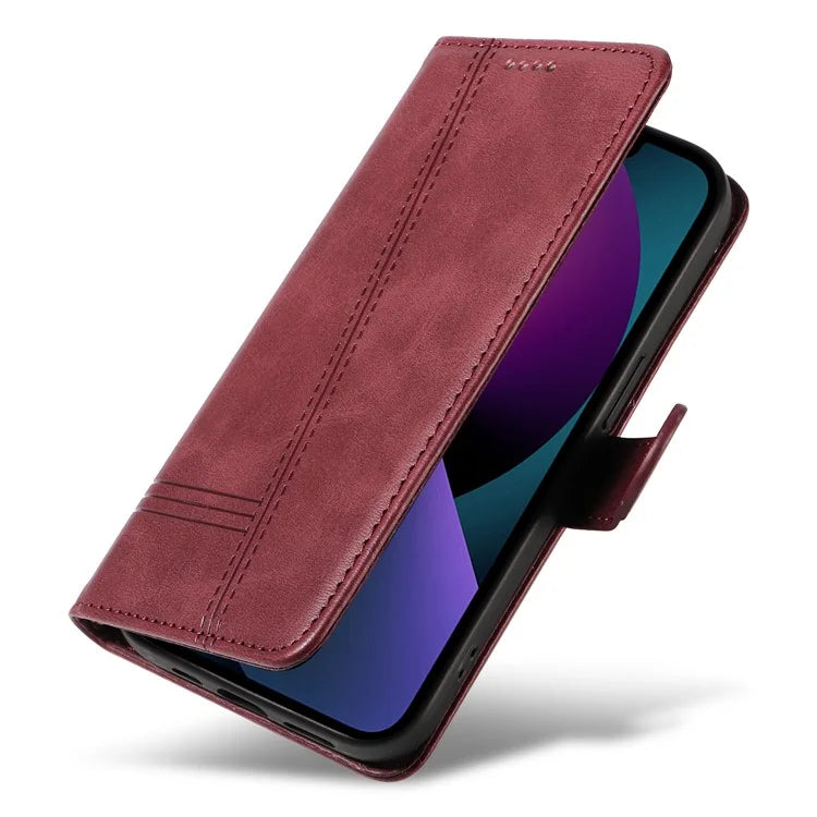 For iPhone 14 Case Lines Imprinted Flip Leather Wallet Phone Cover