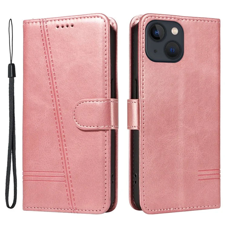 For iPhone 14 Case Lines Imprinted Flip Leather Wallet Phone Cover