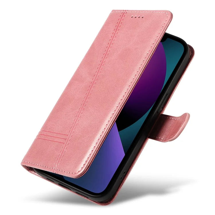 For iPhone 14 Case Lines Imprinted Flip Leather Wallet Phone Cover