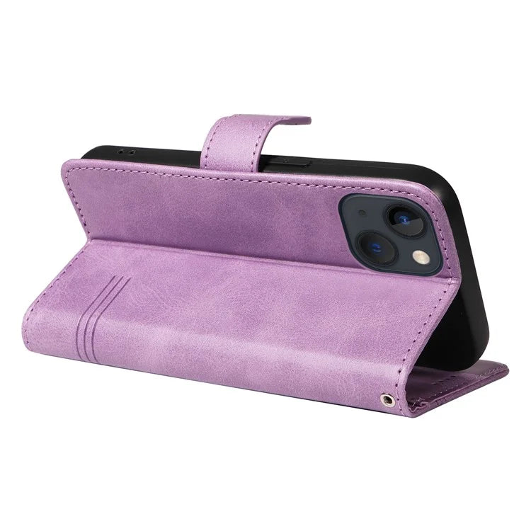 For iPhone 14 Case Lines Imprinted Flip Leather Wallet Phone Cover