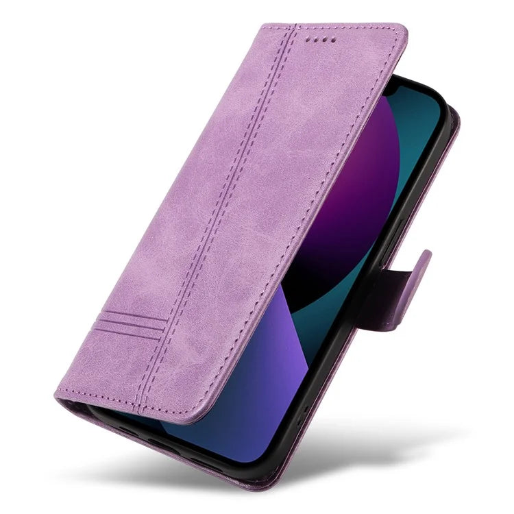 For iPhone 14 Case Lines Imprinted Flip Leather Wallet Phone Cover