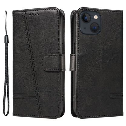 For iPhone 14 Case Lines Imprinted Flip Leather Wallet Phone Cover
