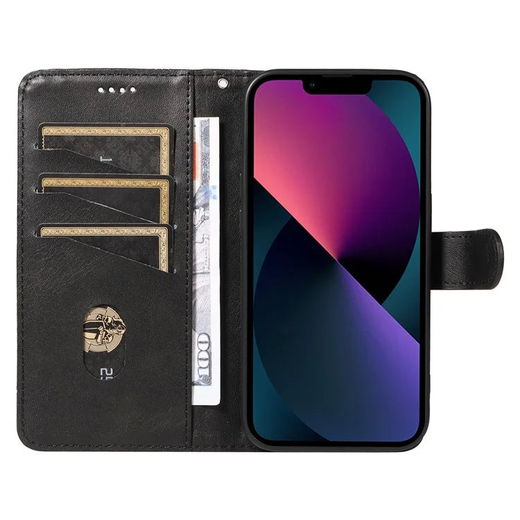 For iPhone 14 Case Lines Imprinted Flip Leather Wallet Phone Cover