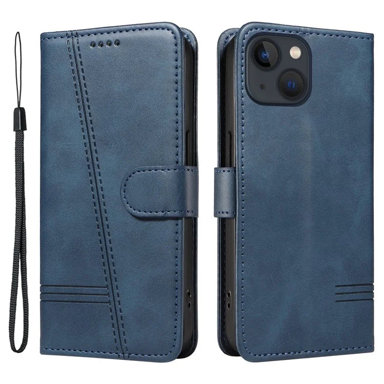 For iPhone 14 Case Lines Imprinted Flip Leather Wallet Phone Cover