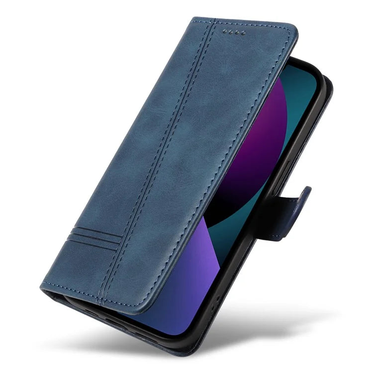 For iPhone 14 Case Lines Imprinted Flip Leather Wallet Phone Cover