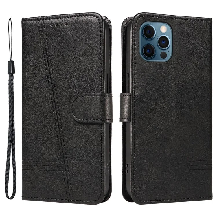 For iPhone 12 Pro Max Case Leather Wallet Cover T-Shape Lines Imprint