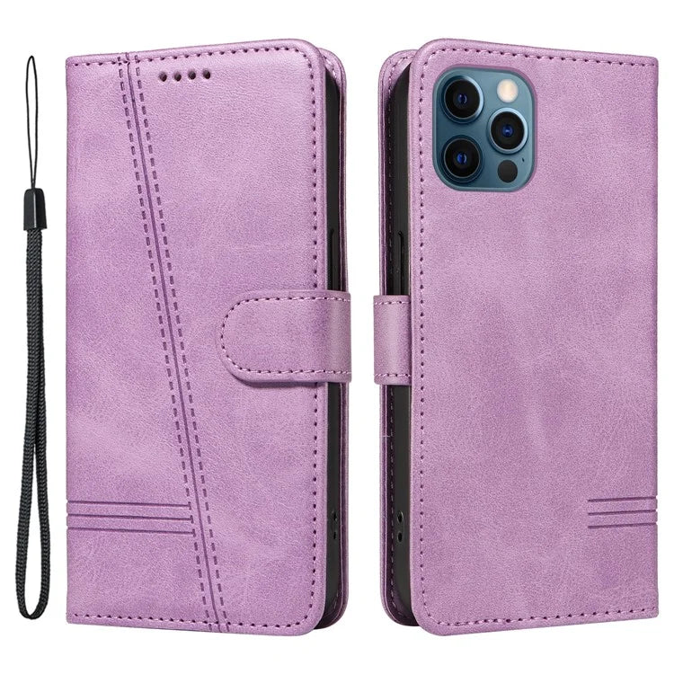 For iPhone 12 Pro Max Case Leather Wallet Cover T-Shape Lines Imprint