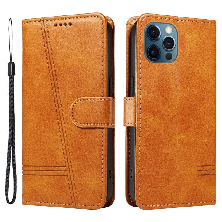 For iPhone 12 Pro Max Case Leather Wallet Cover T-Shape Lines Imprint