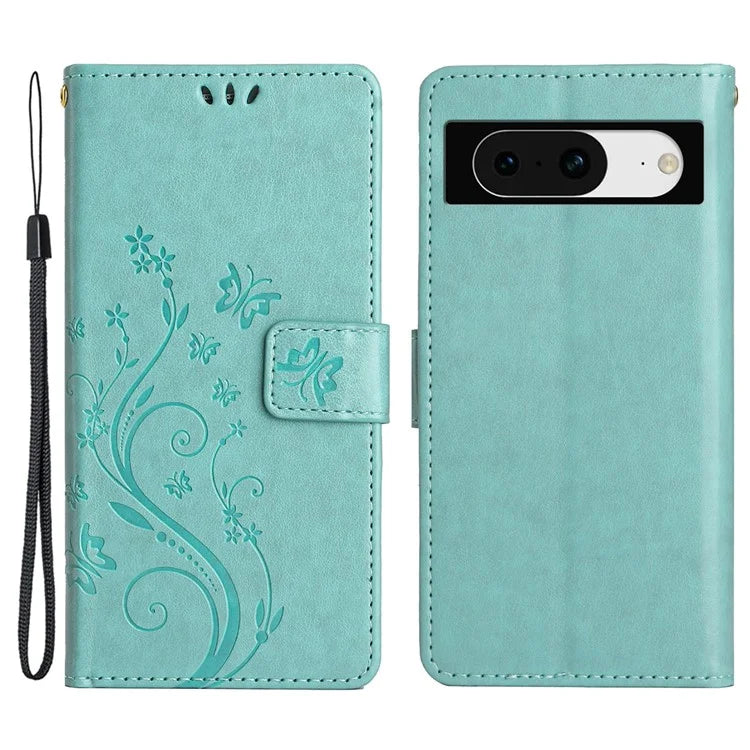 For Google Pixel 8 Phone Case Leather Flip Cover Butterfly Flower Pattern Imprinted