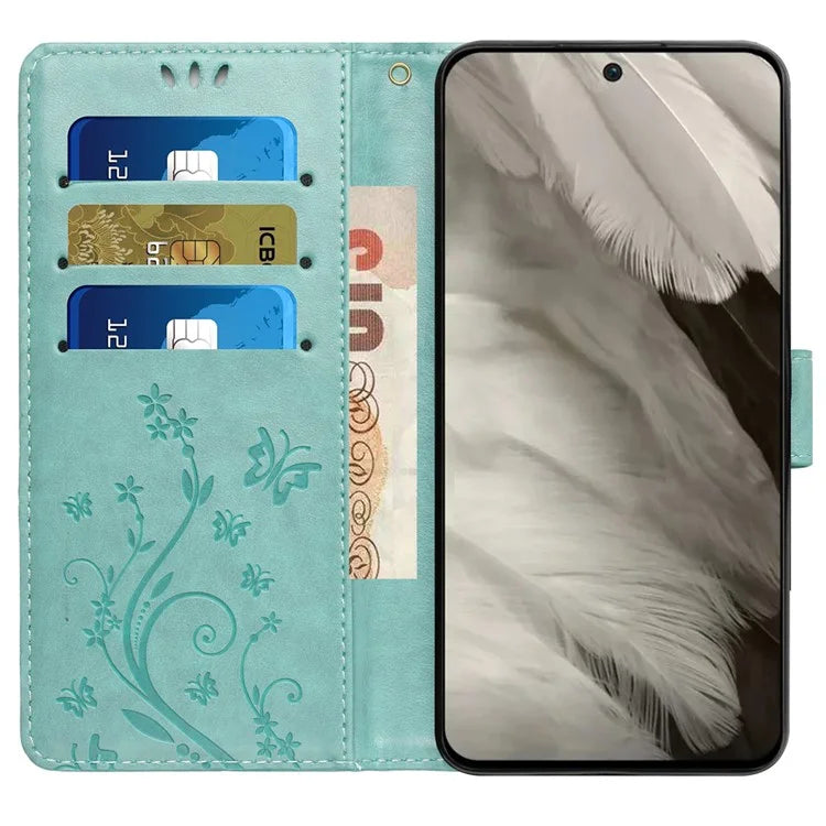 For Google Pixel 8 Phone Case Leather Flip Cover Butterfly Flower Pattern Imprinted