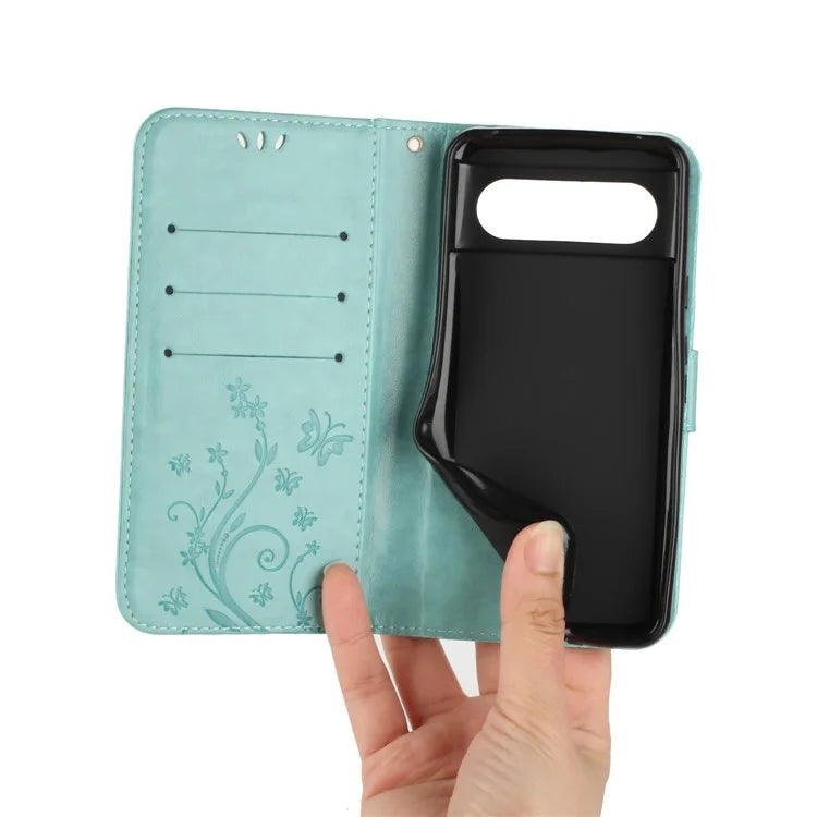 For Google Pixel 8 Phone Case Leather Flip Cover Butterfly Flower Pattern Imprinted