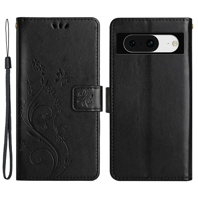 For Google Pixel 8 Phone Case Leather Flip Cover Butterfly Flower Pattern Imprinted
