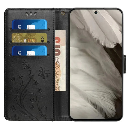 For Google Pixel 8 Phone Case Leather Flip Cover Butterfly Flower Pattern Imprinted