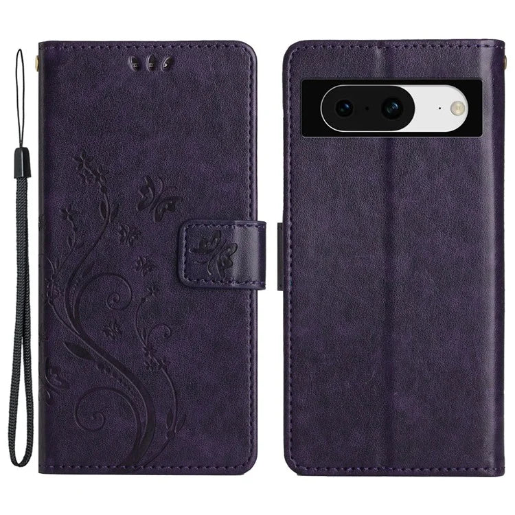 For Google Pixel 8 Phone Case Leather Flip Cover Butterfly Flower Pattern Imprinted